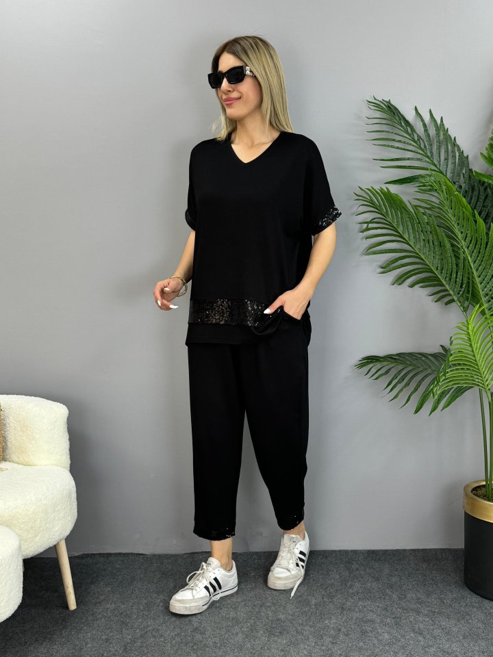 Kadın Kısa Kollu V Yakalı Pul Payetli Viskon Iki Iplik Bluz Ve Pantolon Ikili Takım - Görsel 7