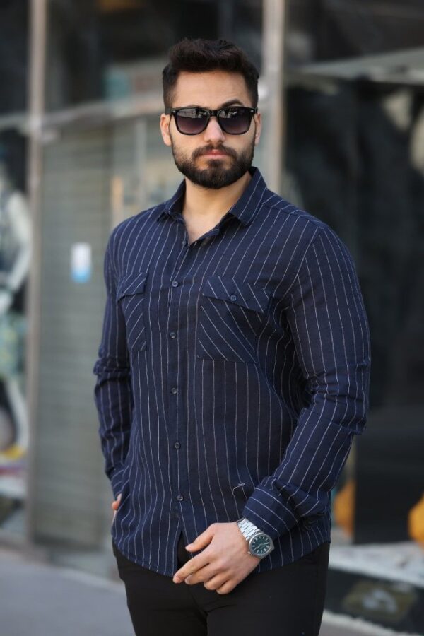 Erkek Pamuklu Çizgi Desenli Cep Detaylı Gömlek