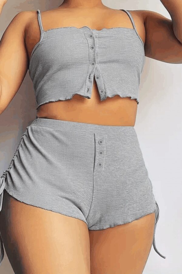 Kadın Ip Askılı Crop Bluz Ve Yanlardan Büzgülü Ikili Kaşkorse Short Takım