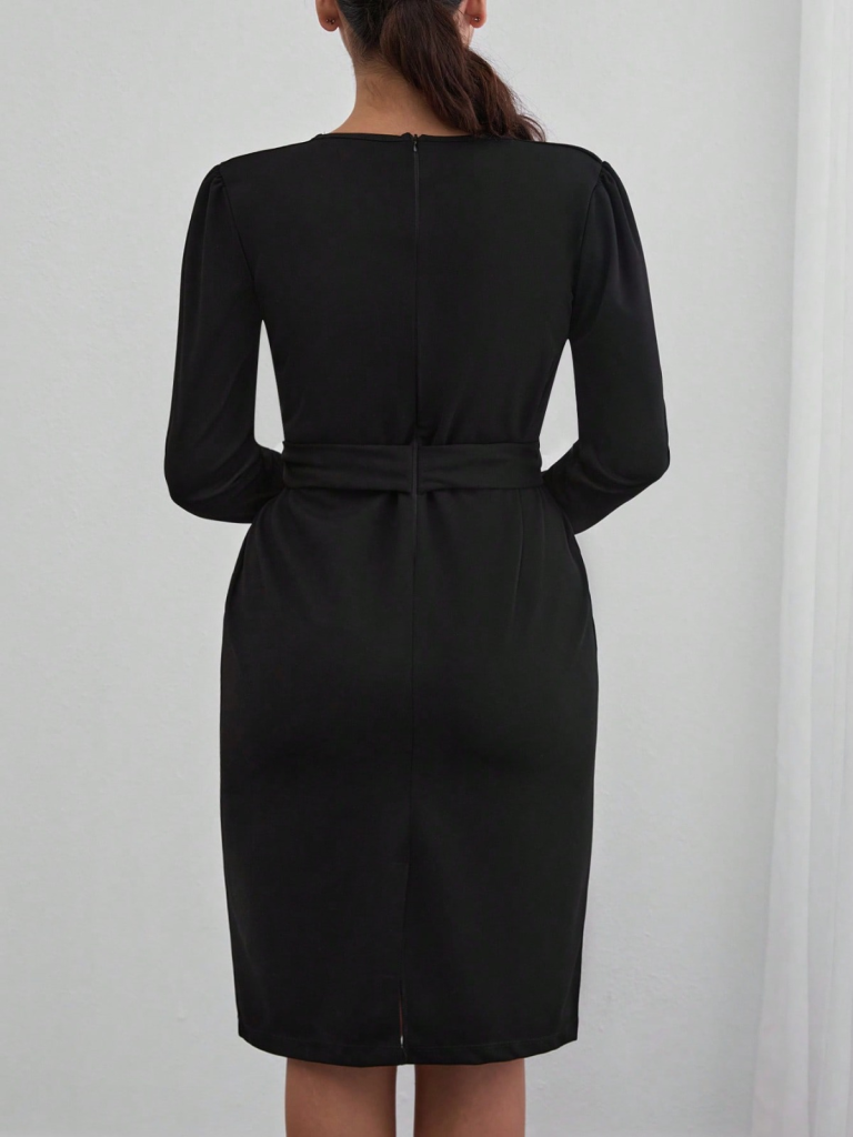 Kadın Uzun Kollu Düğme Detaylı Kendinden Kemerli Ithal Krep Elbise - Görsel 5