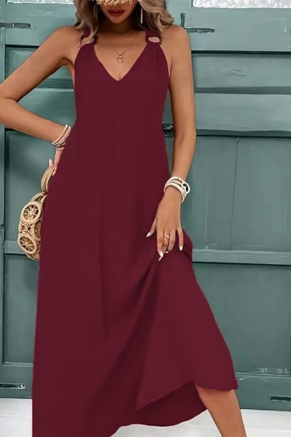 Kadın Askılı V Yakalı Halka Detaylı Maksi Boy Viskon Elbise