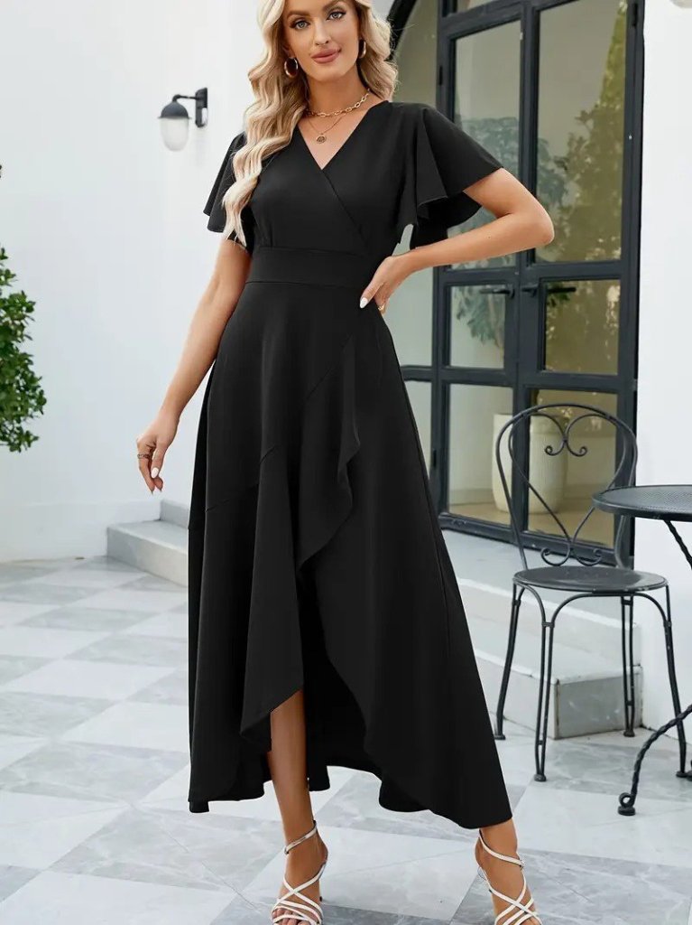 Kadın Kısa Kollu Kruvaze Yakalı önden Volanlı çapraz Kesim Detaylı Maksi Boy Ithal Krep Elbise - Görsel 4