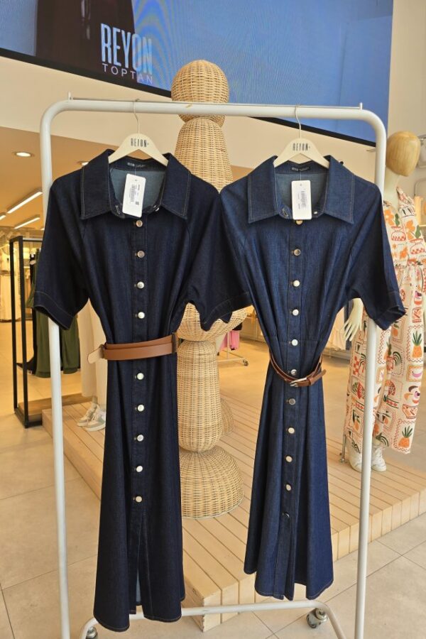 Kısa Kol Düğmeli Denim Elbise - Mavi