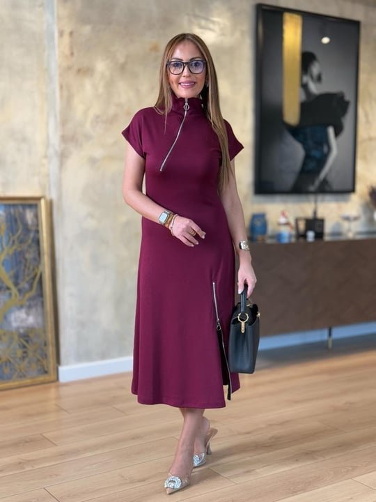 Kadın Kısa Kollu Yakadan Ve Etekten Fermuarlı Midi Viskon Iki Iplik Elbise - Görsel 10