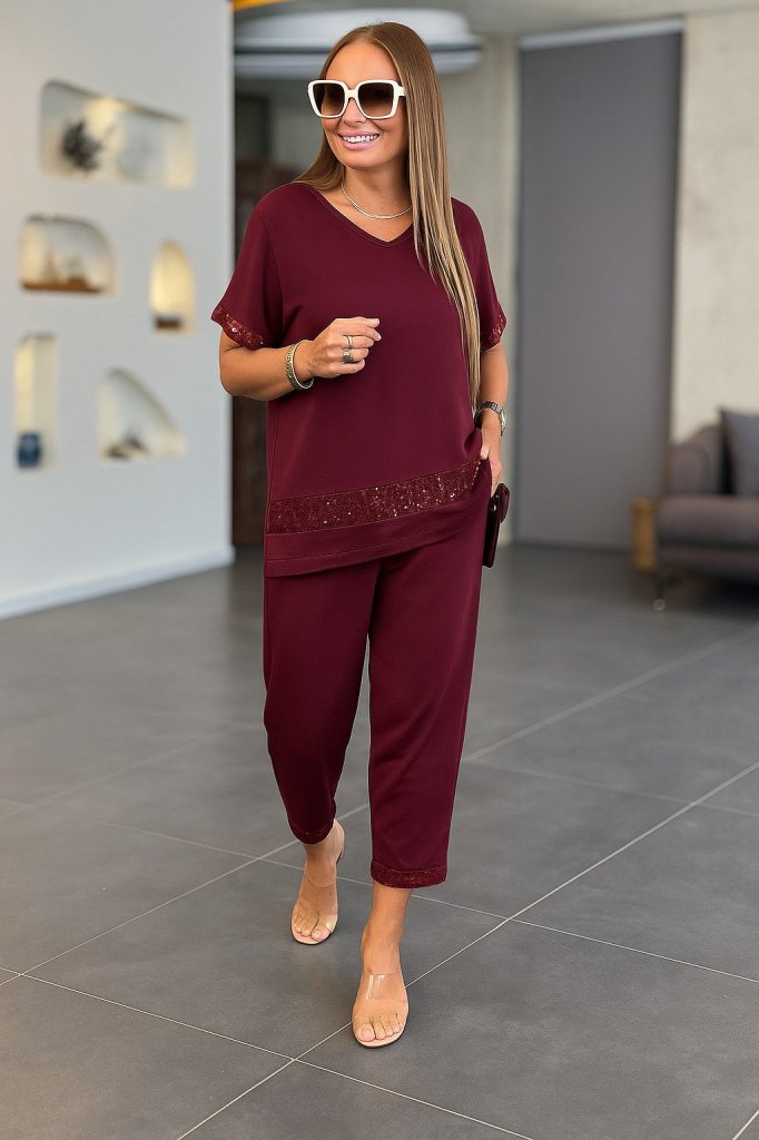 Kadın Kısa Kollu V Yakalı Pul Payetli Viskon Iki Iplik Bluz Ve Pantolon Ikili Takım - Görsel 21