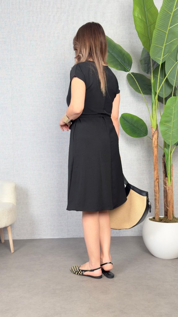 Kadın Kısa Kollu V Yakalı Beli Kuşaklı Ithal Keten Elbise - Görsel 4