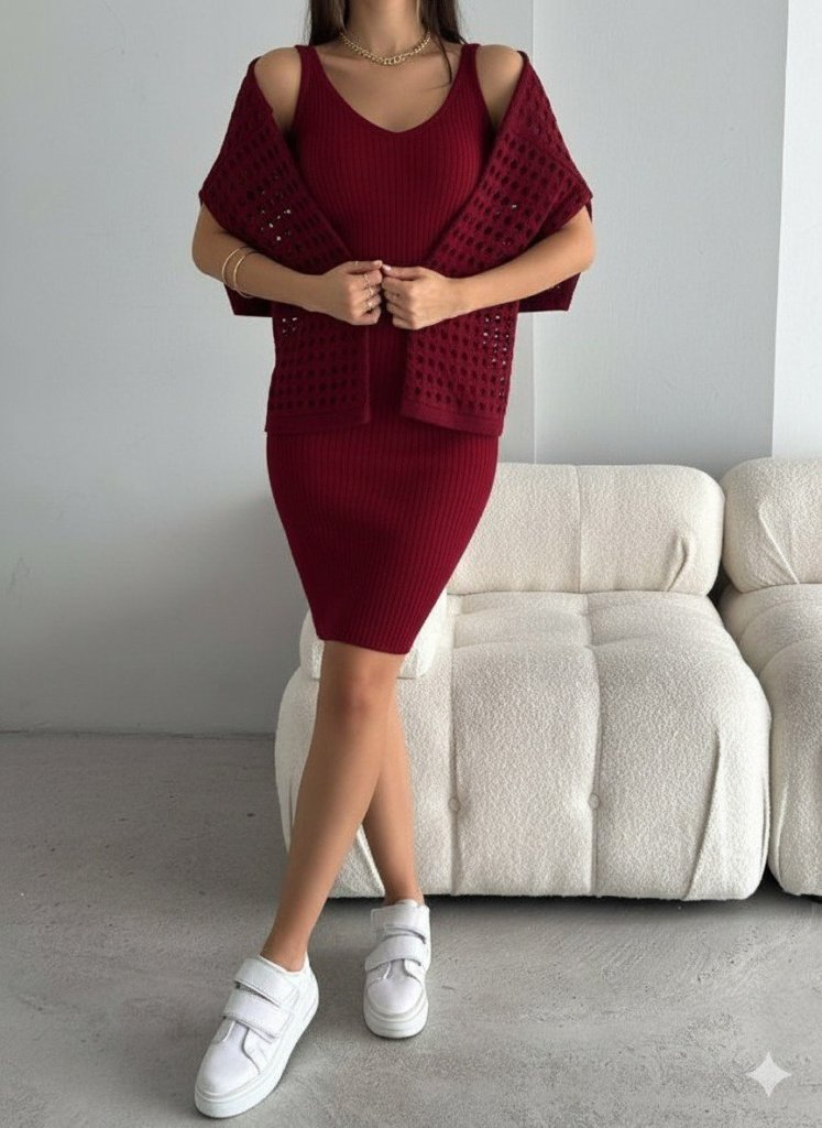 Kadın Uzun Kollu Delikli Kazak Askılı Elbise Triko Ikili Takım - Görsel 6