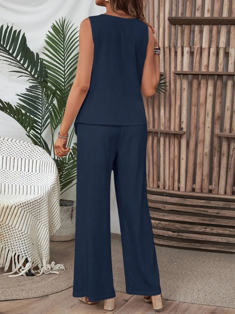 Kadın Kolsuz Düğmeli Asimetrik Detaylı Bürümcük Bluz Ve Pantolon Takım - Görsel 4