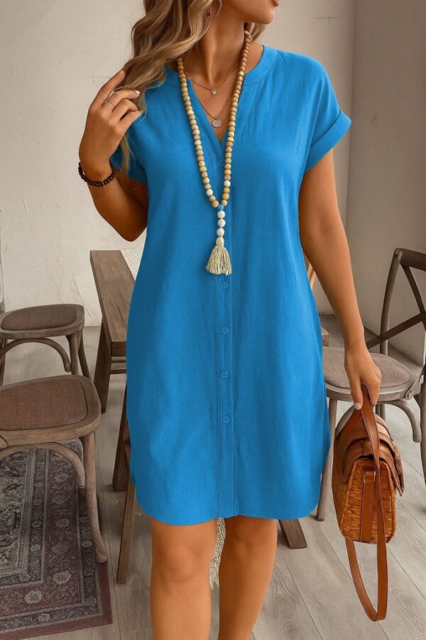 Kadın Kısa Kollu önden Düğmeli Ithal Keten Elbise