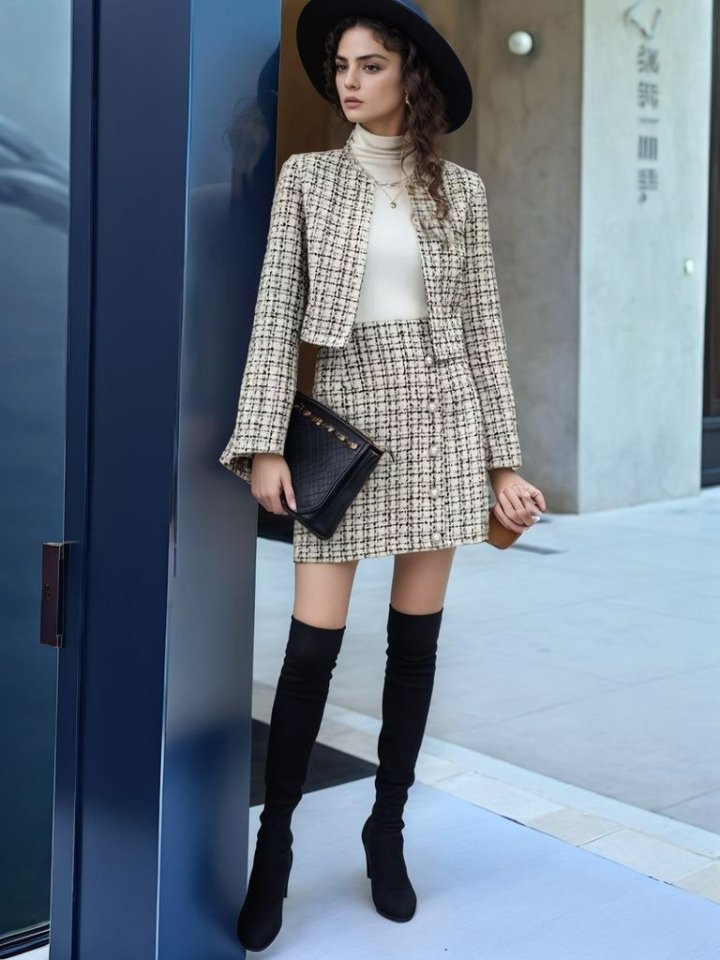 Kadın Uzun Kollu önü Açık Düğme Detaylı Dokuma Ceket Etek Ikili Takım - Görsel 2