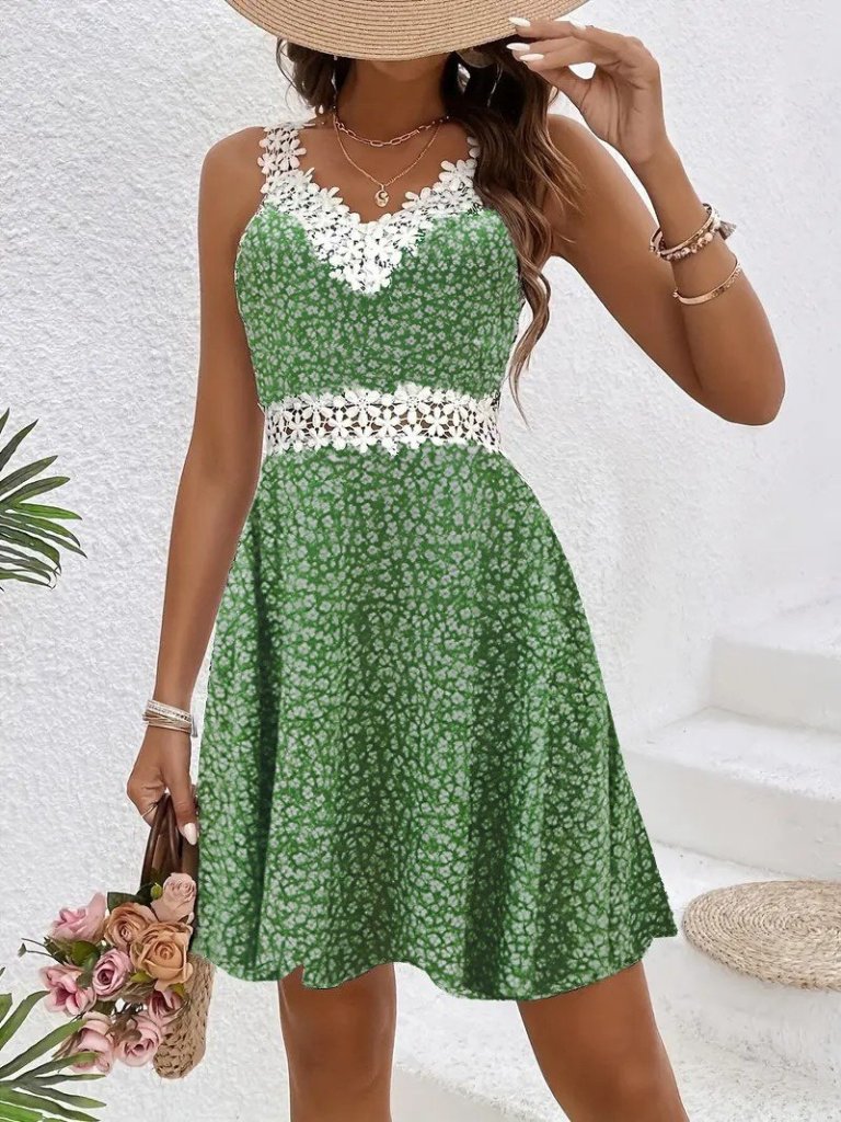 Kadın Askılı Dantel Yakalı çiçek Desenli Süprem Elbise - Görsel 3