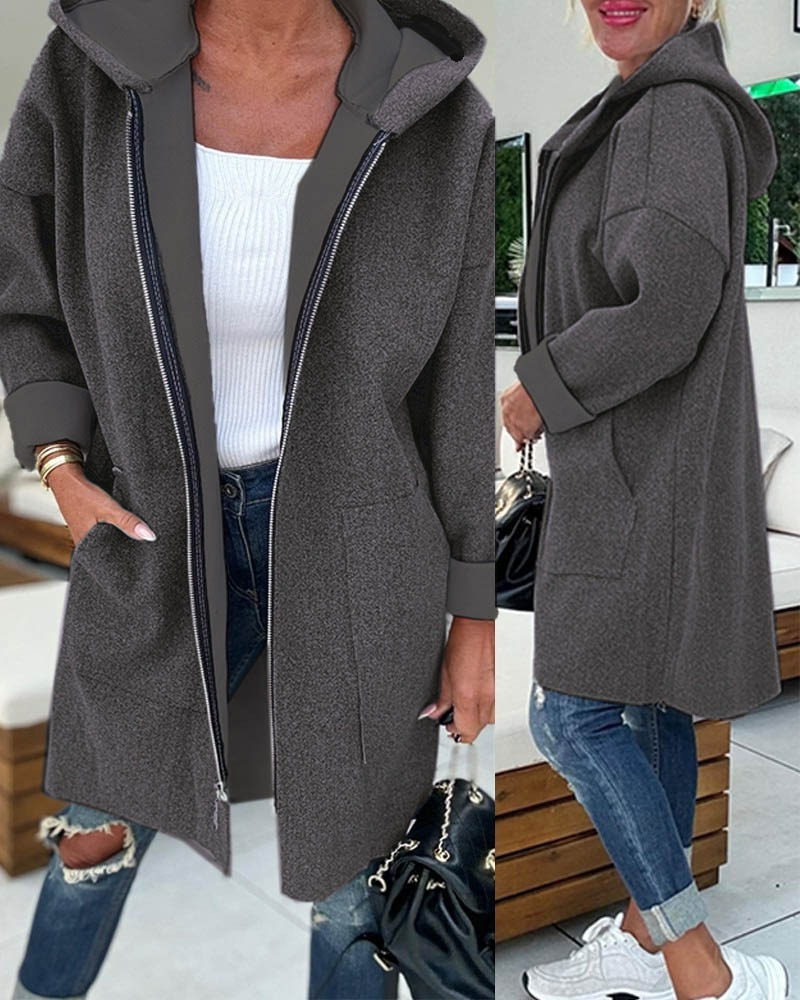 Kadın Uzun Kollu Kapşonlu Fermuar Detaylı Cepli Uzun üç Iplik Ceket - Görsel 3