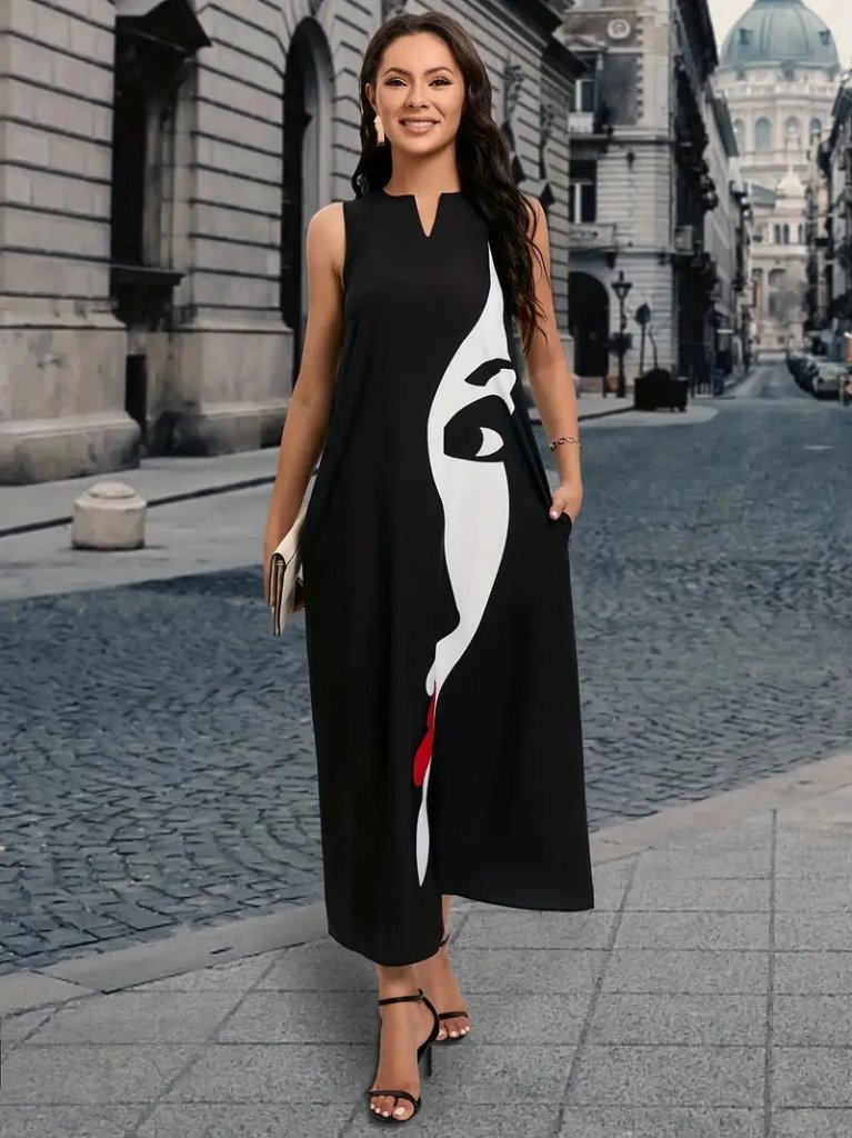 Kadın Sıfır Kol V Yakalı Kadın Yüz Desenli Süprem Elbise - Görsel 3