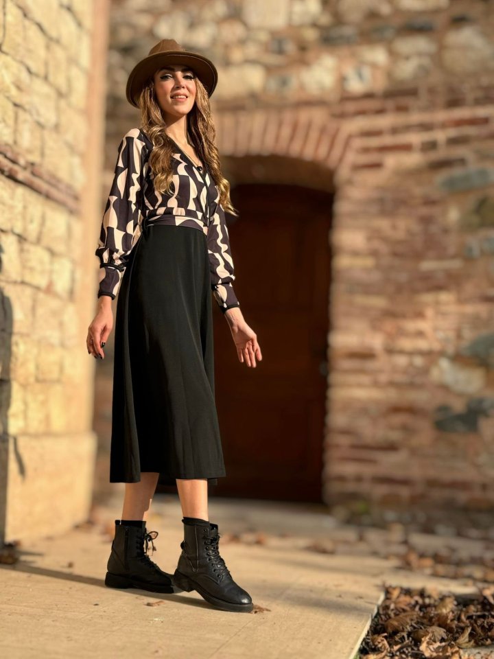 Kadın Uzun Kollu Kruvaze Yaka Dalgıç Krep Midi Boy Elbise - Görsel 5