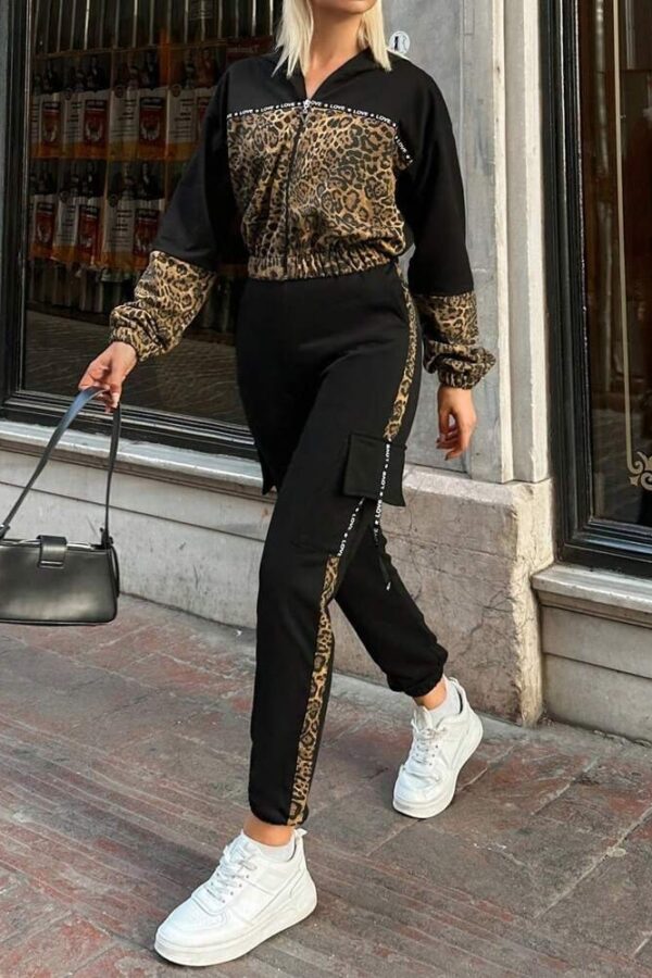Kadın Uzun Kollu Kapşonlu Leopar Desenli Viskon Iki Iplik Bluz Ve Pantolon Ikili Takım