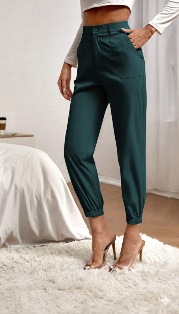 Kadın Yüksek Bel Cepli Paçası Lastikli Ithal Krep Pantolon - Görsel 8