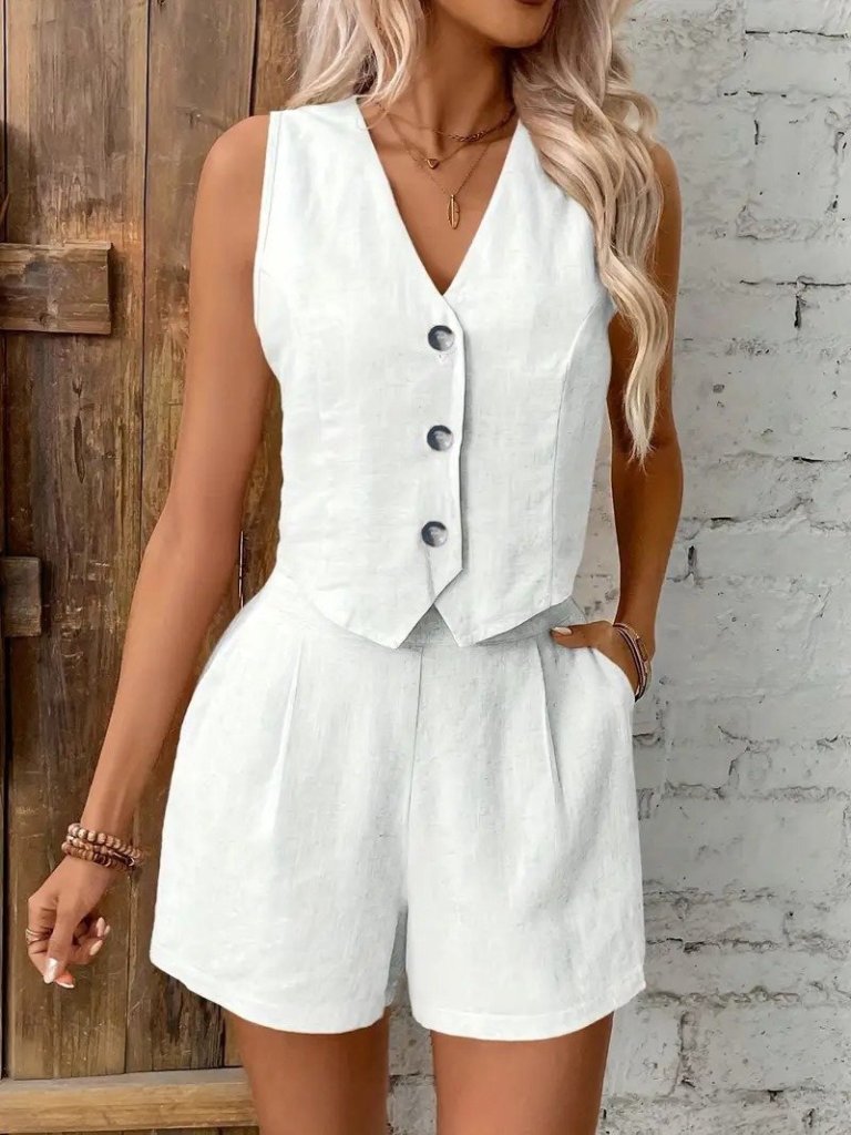 Kadın Kolsuz Askılı V Yakalı önden Düğmeli Ithal Keten Ceket Ve Short Ikili Takım - Görsel 4