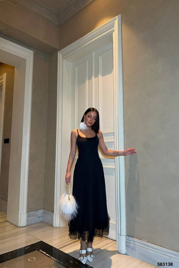 Kadın Omuz Askılıeteği Tül Volan Detay Midi Boy Elbise