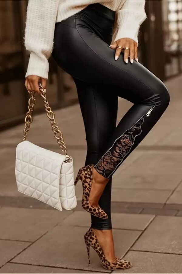 Kadın Yüksek Bel Yandan Yırtmaçlı Dantel Detaylı Deri Tayt