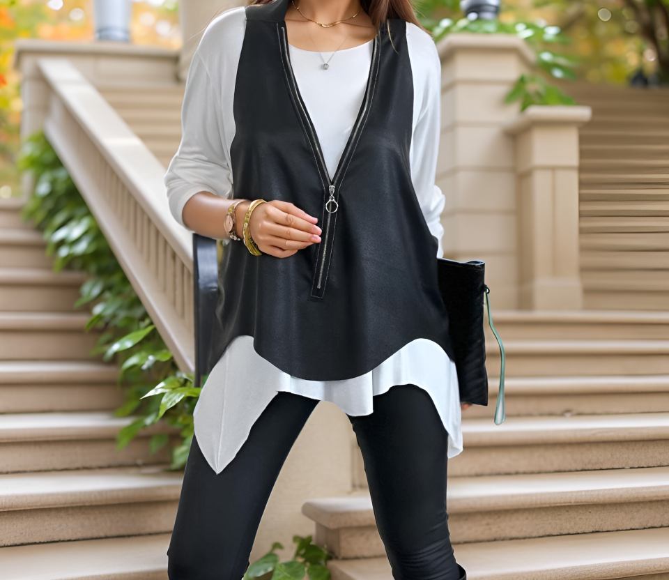 Kadın Uzun Kol Asimetrik Kesim Viskon Bluz Ve çatlak Deri Görünümlü Fermuar Detaylı Yelek Ikili Takım - Görsel 9