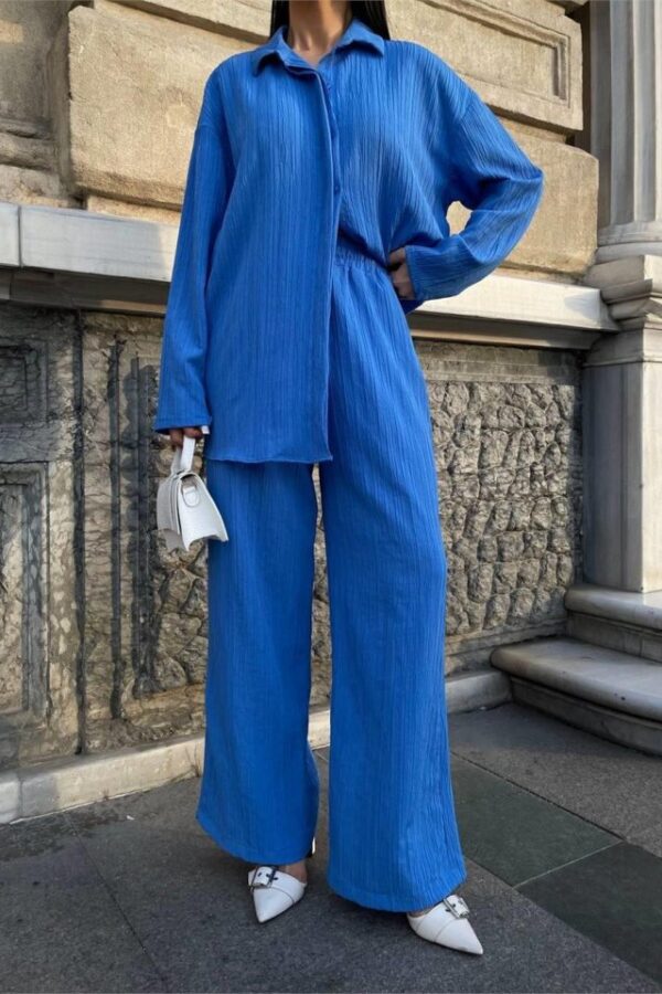 KENDİNDEN DESENLİ KRINKILL GÖMLEK - PANTOLON TK - Mavi