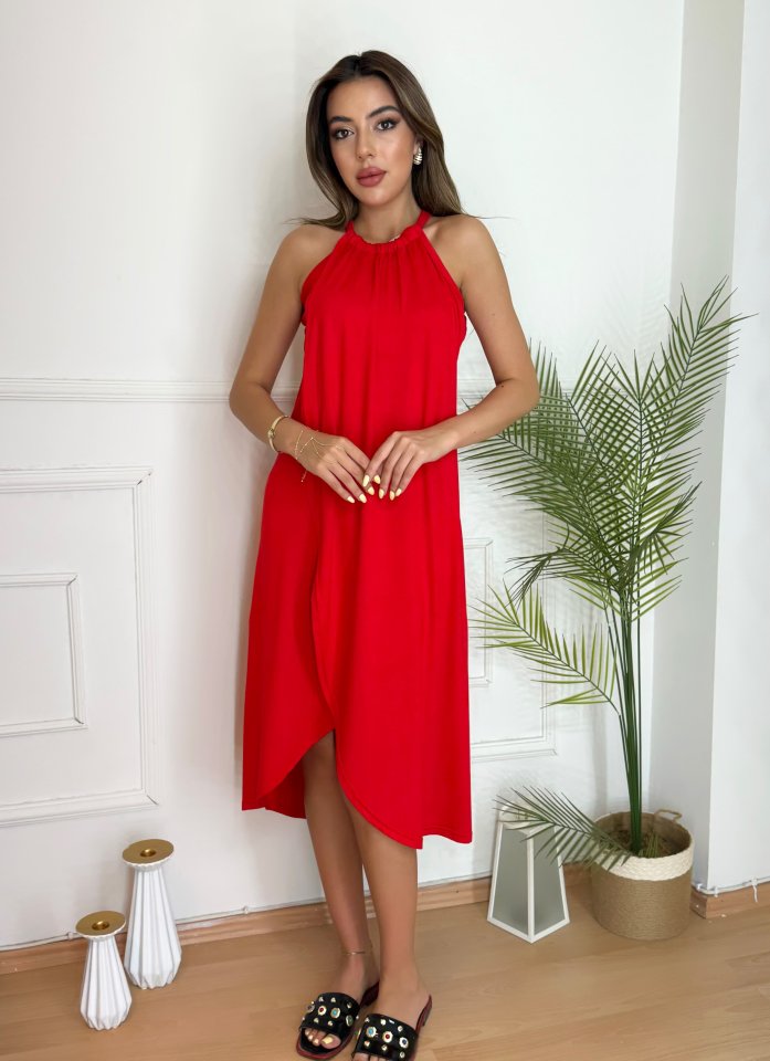 Boyun Askılı Eteği Kruvaze Kesim Viskon Kumaş Elbise - Görsel 4