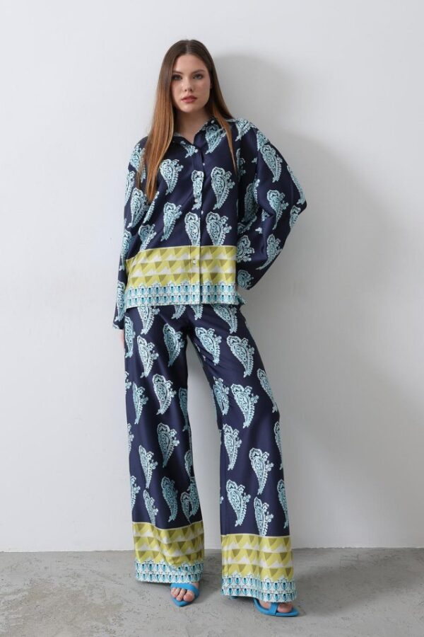 Desenli Saten Bol Takım - İndigo