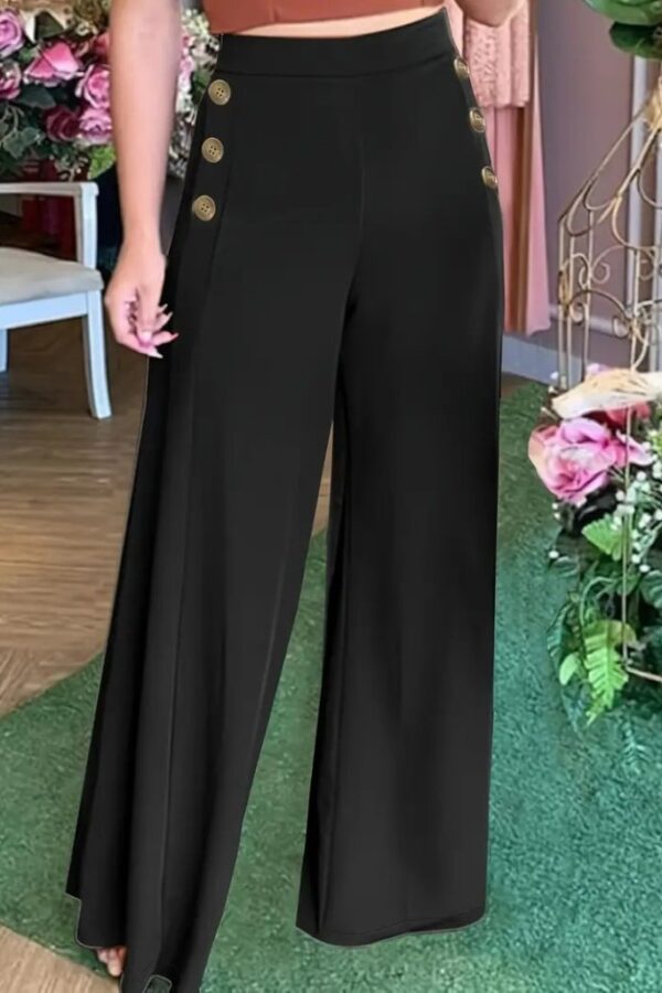 Kadın Yüksek Bel Yan Düğme Detaylı Geniş Paçalı Ithal Krep Pantolon