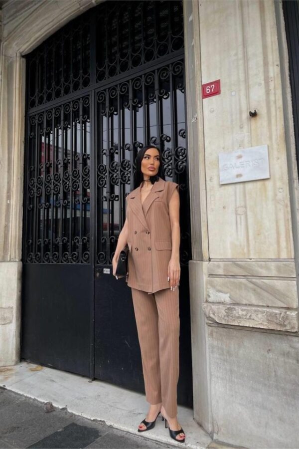 ÇİZGİLİ UZUN YELEK - PANTOLON TAKIM POLVİSCON - Kahverengi