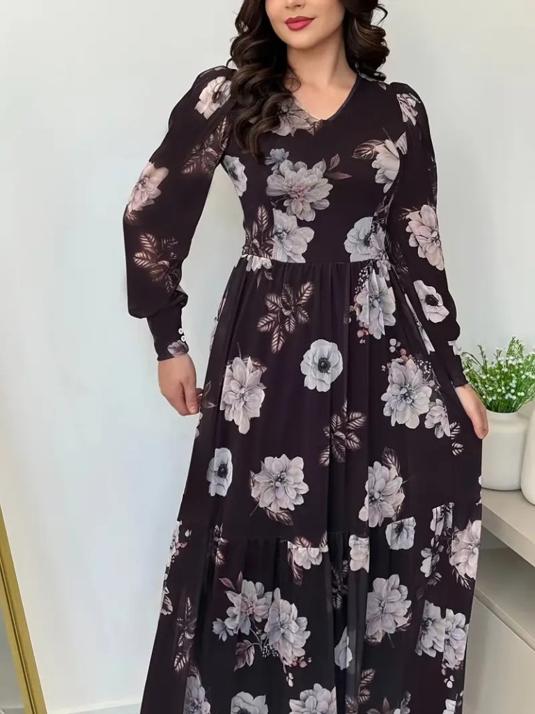 Kadın Uzun Kollu V Yakalı çiçek Desenli Maxi Süprem Elbise - Görsel 12