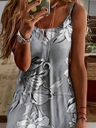 Kadın Askılı Yuvarlak Yaka Etek Geniş Kesim Desenli Süprem Elbise - Görsel 6