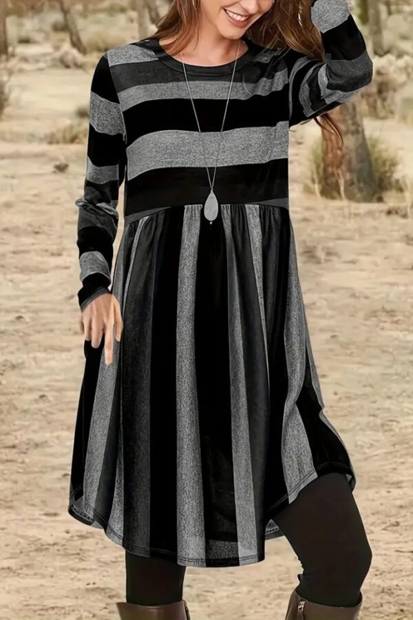 Kadın Uzun Kollu Bisiklet Yaka çizgili Desen Detaylı Süprem Mini Elbise