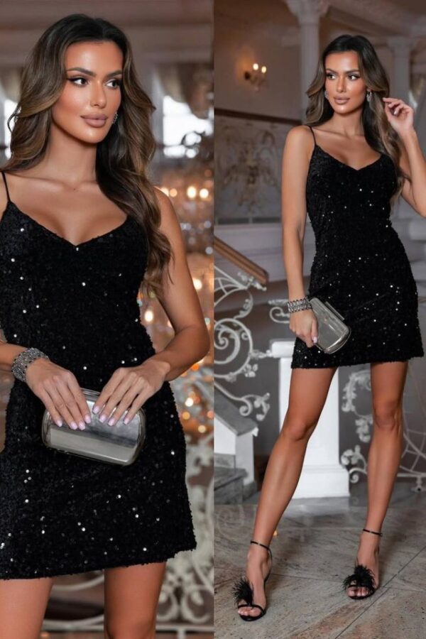 Kadın Omuz Askılı Sırt Dekolteli Kadife Kumaş üzerine Full Pul Payetişlemeli Mini Elbise