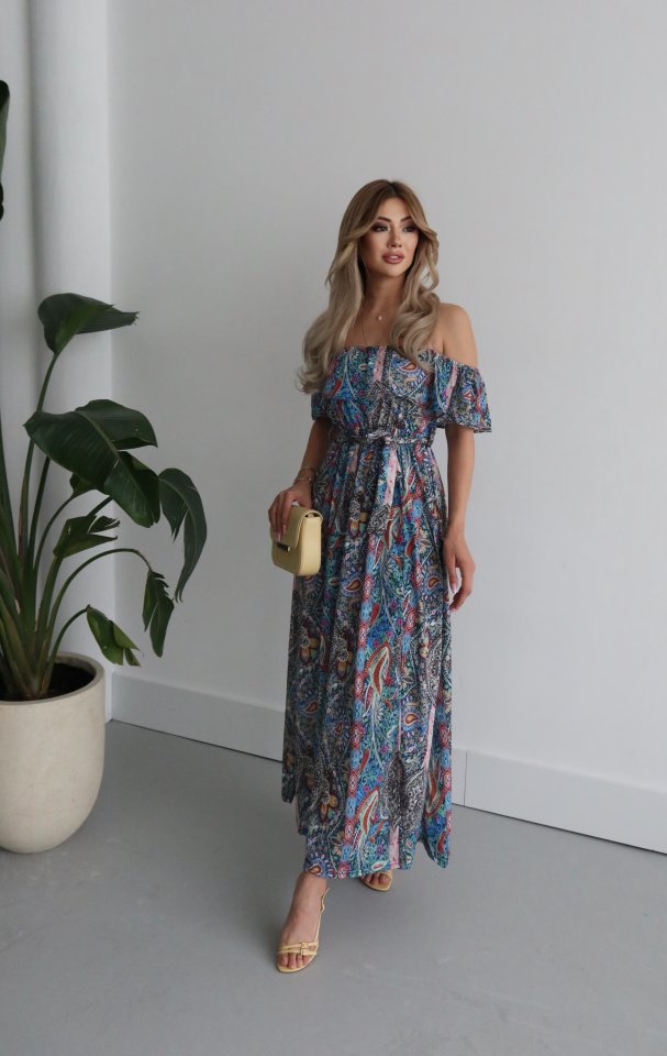 Kadın Kısa Kollu Madonna Yaka Fırfırlı Belden Yırtmaçlı Maksi Süprem Elbise - Görsel 8