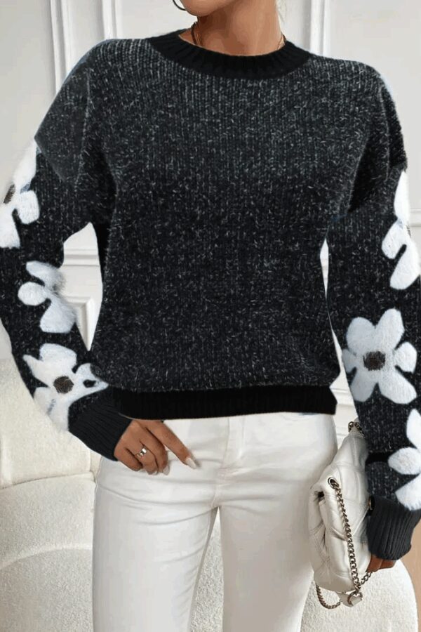 Kadın Uzun Kollu Bisiklet Yaka çiçek Desenli Triko Bluz