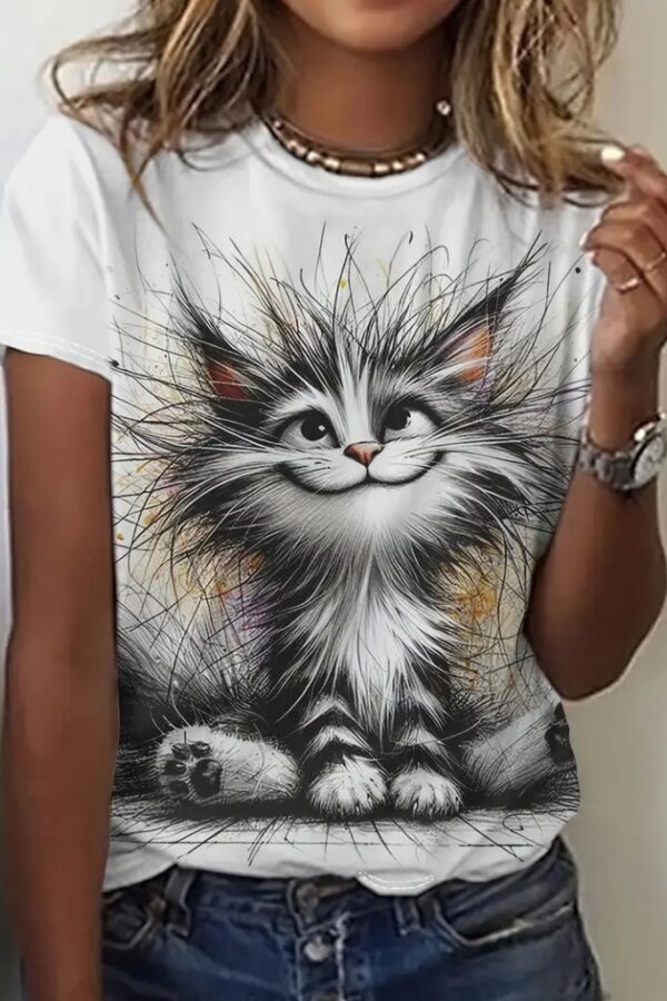 Kadın Kısa Kollu Bisiklet Yaka Kedi Baskılı Süprem Bluz