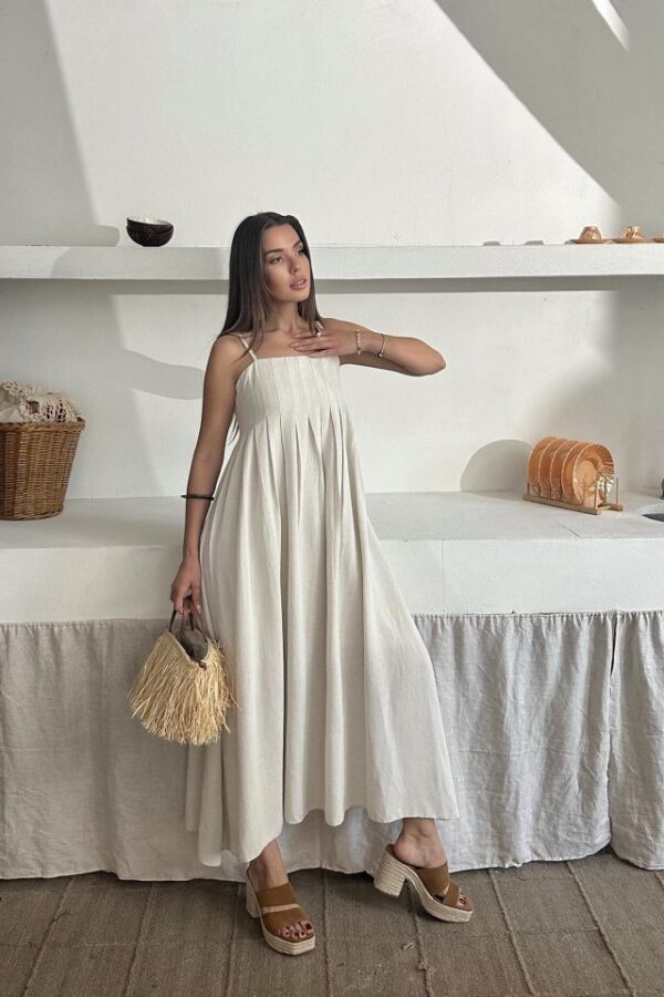Bej Askılı Pileli Keten Elbise
