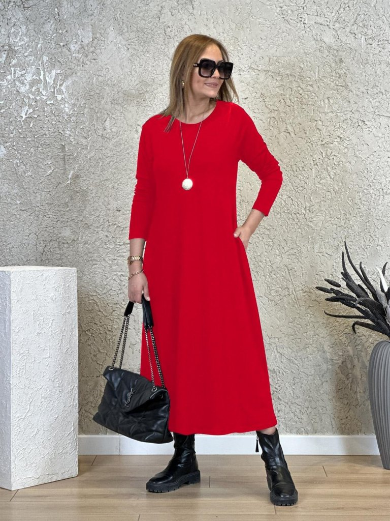 Kadın Uzun Kollu Bisiklet Yaka Iki Iplik Midi Boy Elbise - Görsel 2