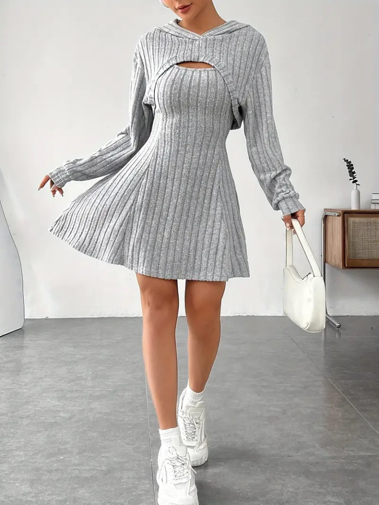 Kadın Uzun Kollu Kapüşonlu Ceket üst Ve Askısız Kare Yaka A Kesim şardonlu Kaşkorse Elbise - Görsel 6