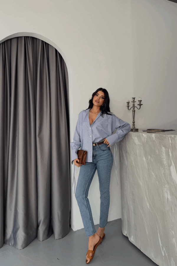 ÇİZGİLİ POPLİN GÖMLEK MANŞET İP DETAYLI - Mavi