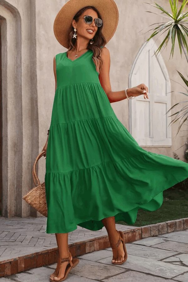 Kadın Askılı V Yakalı Fırfırlı Maksi Boy Viskon Elbise