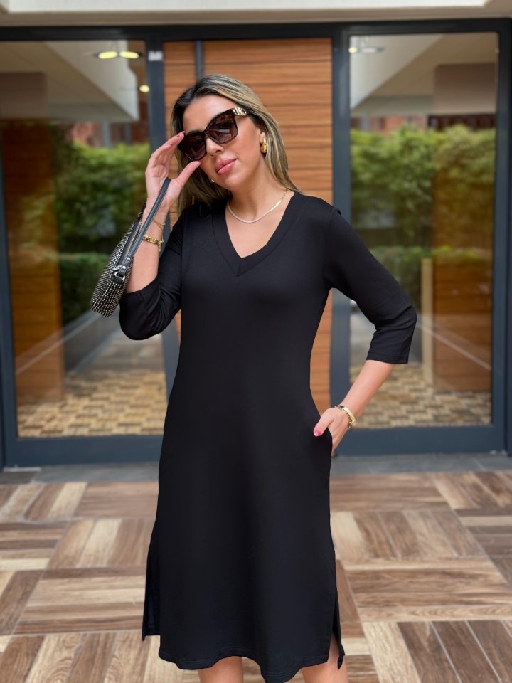 Kadın Uzun Kollu V Yakalı Yanlardan Yırtmaçlı Viskon Iki Iplik Midi Elbise - Görsel 2