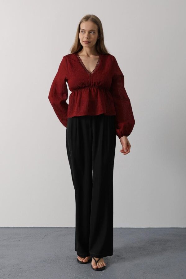 V Yaka Dantelli Bluz - Bordo
