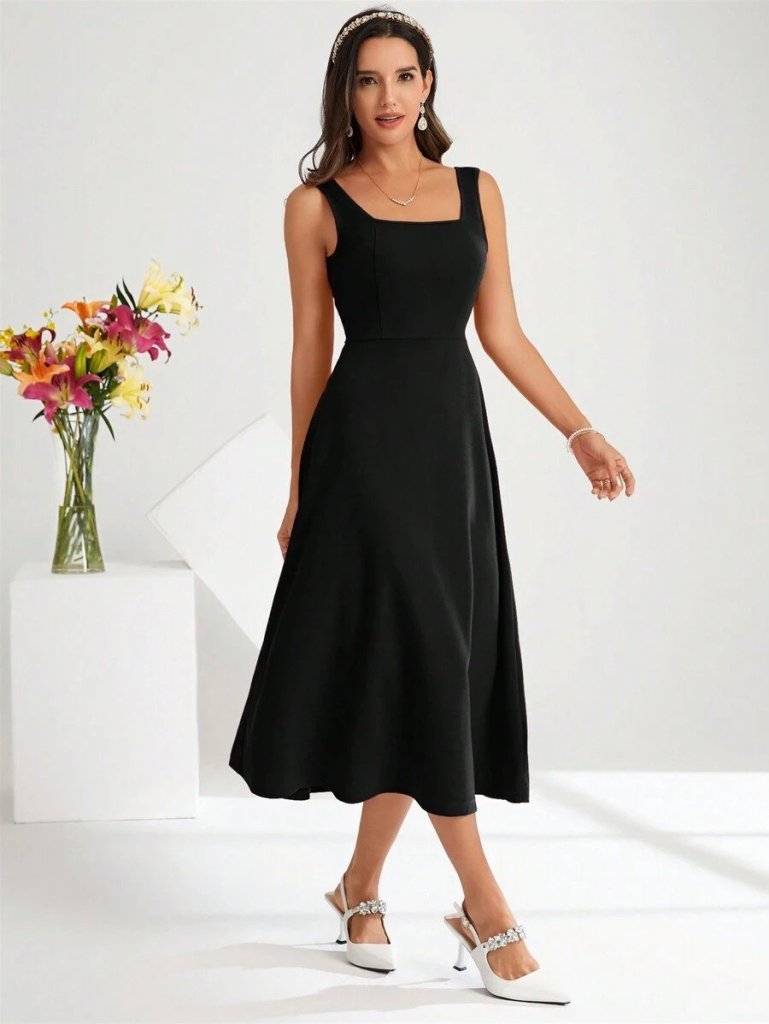 Kadın Askılı Kare Yakalı Midi Ithal Krep Elbise - Görsel 9