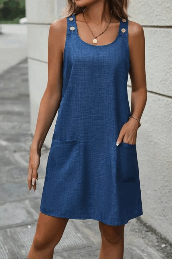 Kadın Askılı Omuzlardan Düğmeli Yuvarlak Yaka Cepli Keten Elbise
