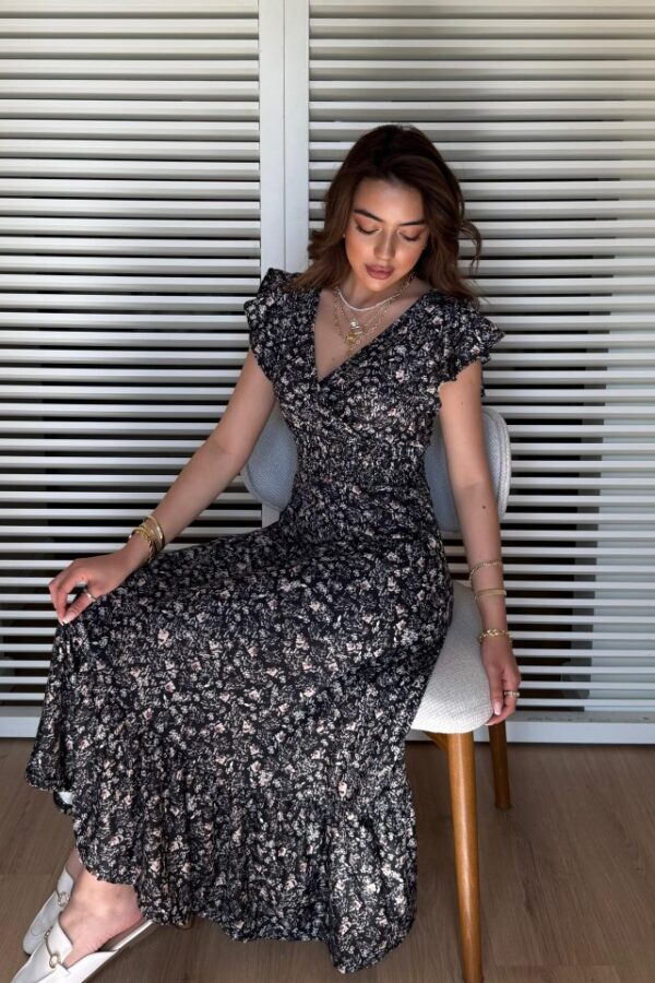 Kadın Kısa Kollu Kruvaze Yaka Beli Lastikli çiçek Desenli Elbise