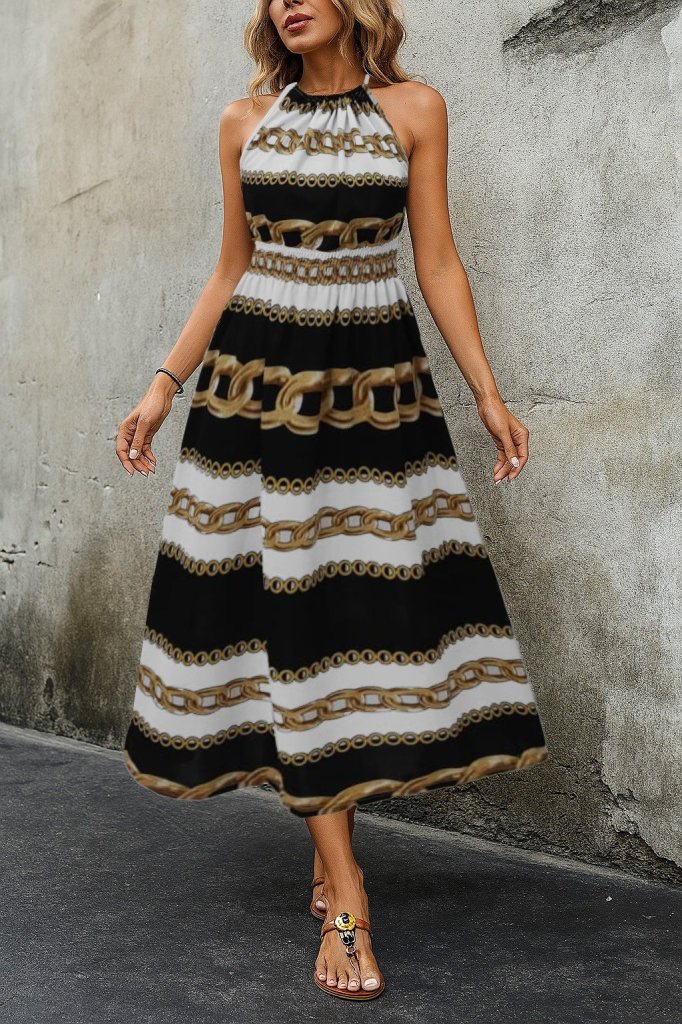 Kadın Kolsuz Boyundan Bağlamalı Beli Lastikli Dijital Baskı Süprem Uzun Elbise - Görsel 13