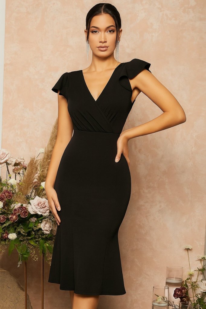 Kadın Kısa Kelebek Kollu Kruvaze Yaka Ithal Krep Midi Elbise - Görsel 6