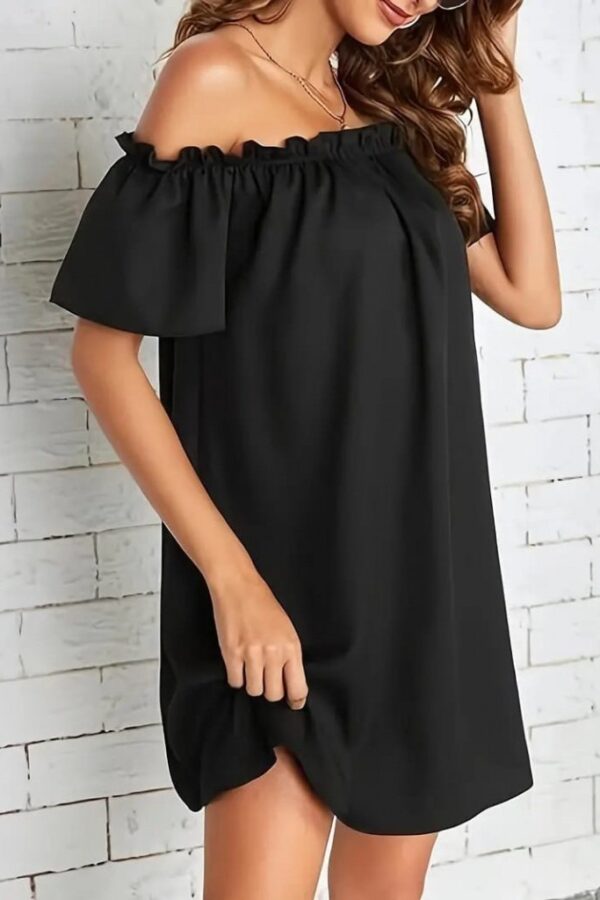 Kadın Kısa Kollu Fırfır Detay Madonna Yaka Mini Ithal Krep Elbise