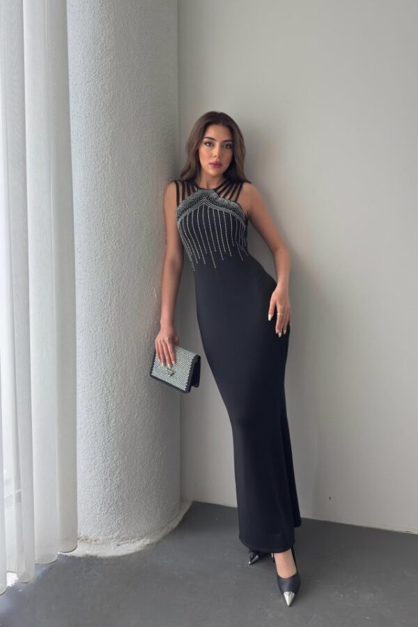 Kadın Omuz çoklu Askılı önü Taş Işlemeli Balık Kesim Janjan Krep Maxi Boy Elbise